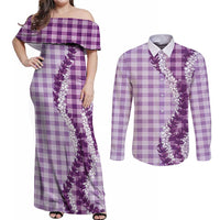 Violet Hawaii Palaka Couples Matching Off Shoulder Maxi Dress and Long Sleeve Button Shirt Hawaiian Honohono Lei LT05 Violet - Polynesian Pride