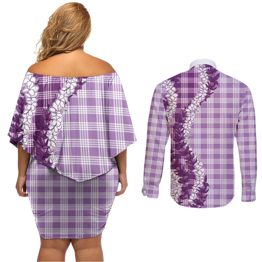 Violet Hawaii Palaka Couples Matching Off Shoulder Short Dress and Long Sleeve Button Shirt Hawaiian Honohono Lei LT05 - Polynesian Pride