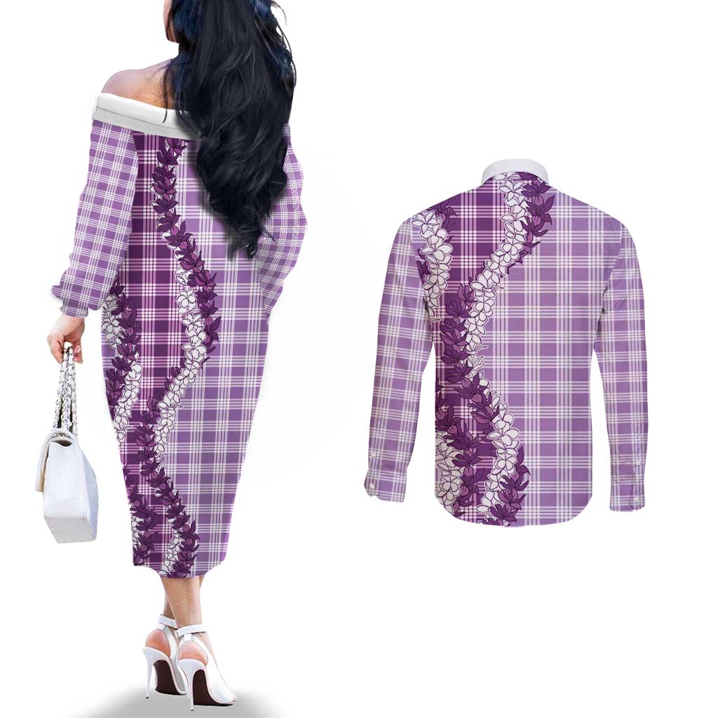 Violet Hawaii Palaka Couples Matching Off The Shoulder Long Sleeve Dress and Long Sleeve Button Shirt Hawaiian Honohono Lei LT05 - Polynesian Pride