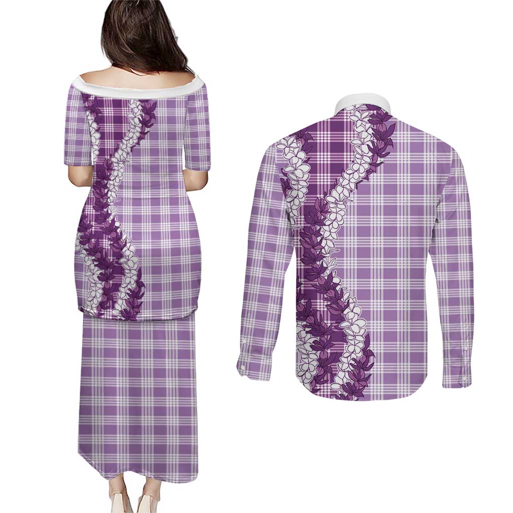 Violet Hawaii Palaka Couples Matching Puletasi and Long Sleeve Button Shirt Hawaiian Honohono Lei LT05 - Polynesian Pride