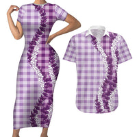 Violet Hawaii Palaka Couples Matching Short Sleeve Bodycon Dress and Hawaiian Shirt Hawaiian Honohono Lei LT05 Violet - Polynesian Pride
