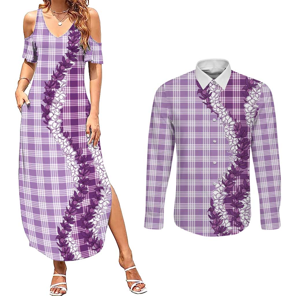 Violet Hawaii Palaka Couples Matching Summer Maxi Dress and Long Sleeve Button Shirt Hawaiian Honohono Lei LT05 Violet - Polynesian Pride