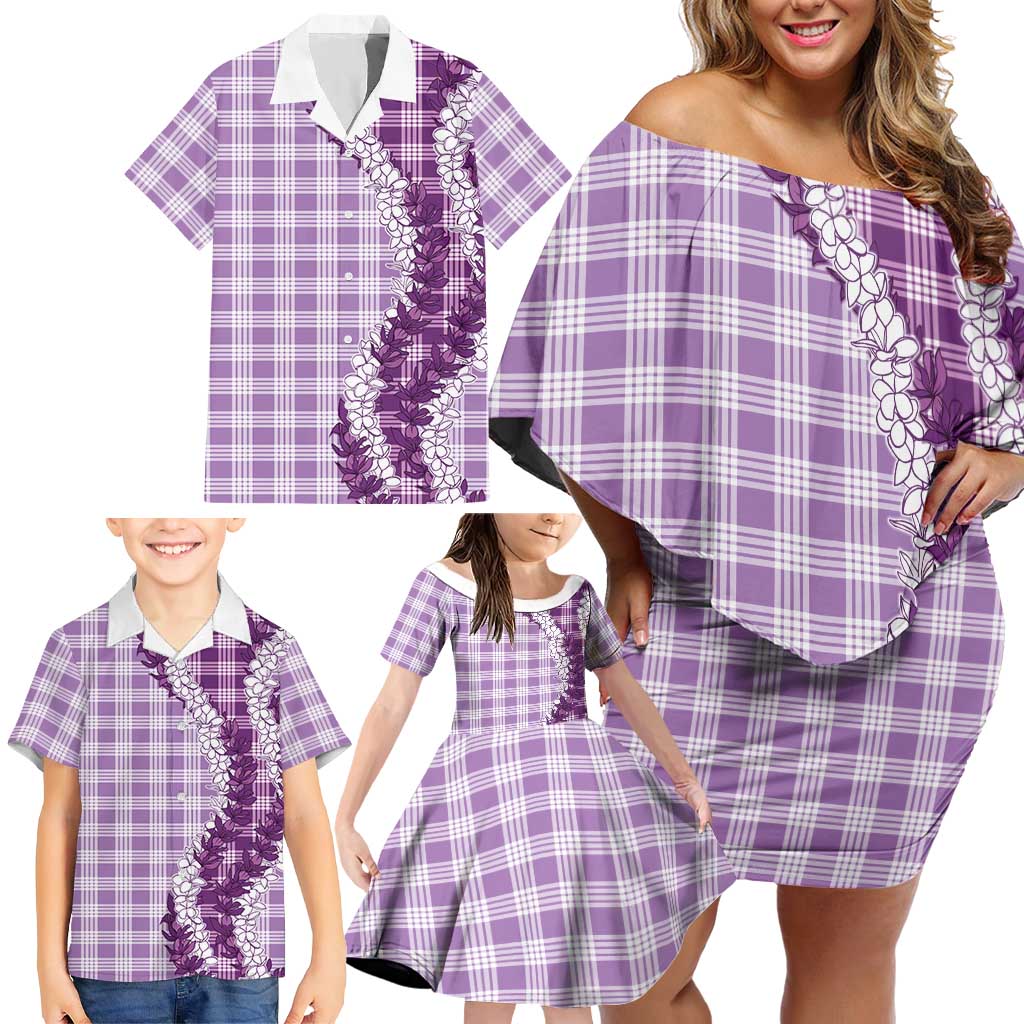 Violet Hawaii Palaka Family Matching Off Shoulder Short Dress and Hawaiian Shirt Hawaiian Honohono Lei