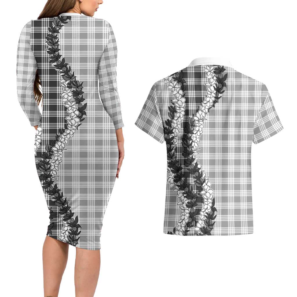 Gray Hawaii Palaka Couples Matching Long Sleeve Bodycon Dress and Hawaiian Shirt Hawaiian Honohono Lei LT05 - Polynesian Pride