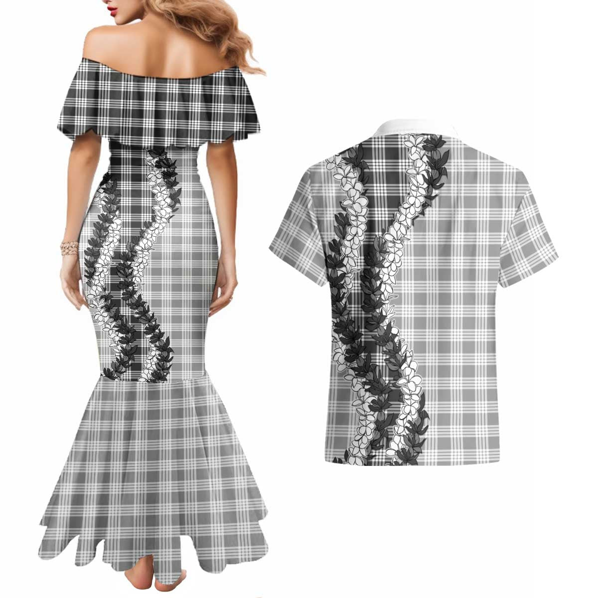 Gray Hawaii Palaka Couples Matching Mermaid Dress and Hawaiian Shirt Hawaiian Honohono Lei LT05 - Polynesian Pride