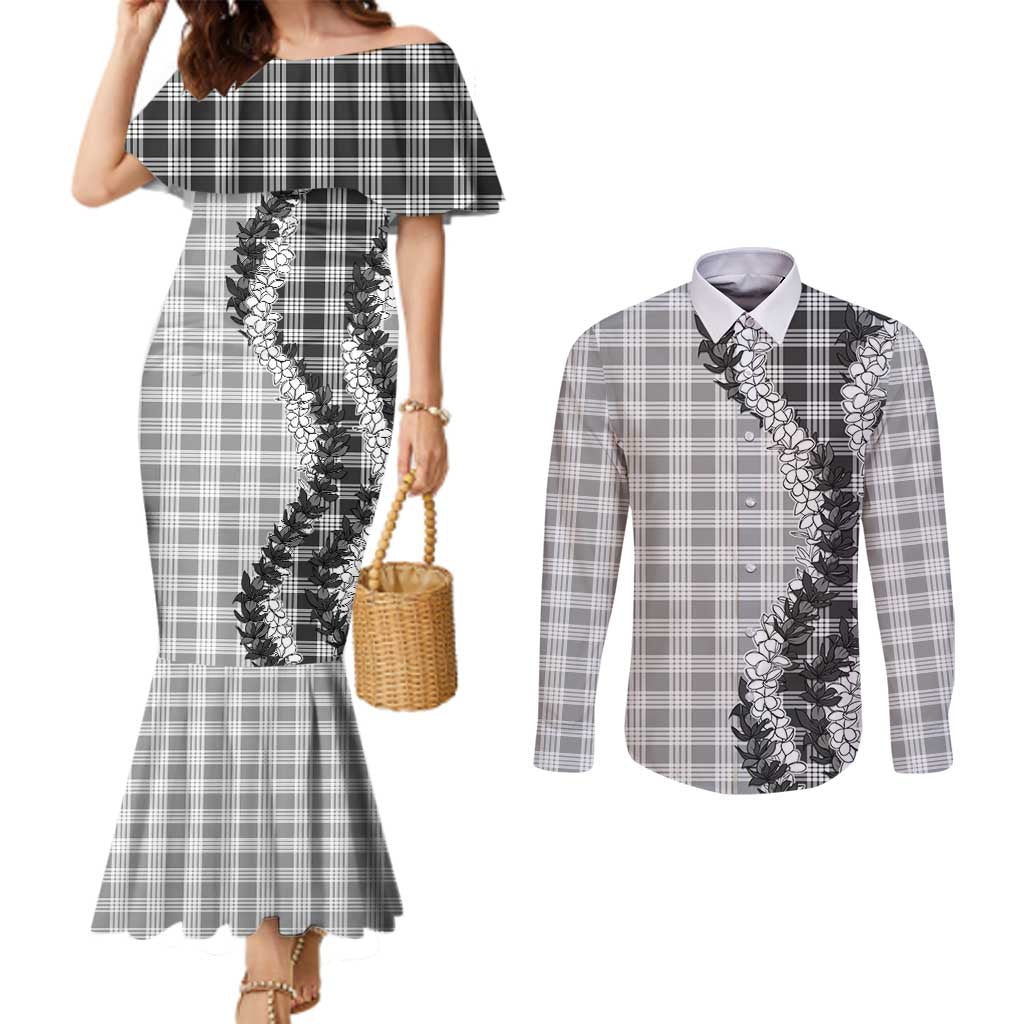 Gray Hawaii Palaka Couples Matching Mermaid Dress and Long Sleeve Button Shirt Hawaiian Honohono Lei LT05 Gray - Polynesian Pride