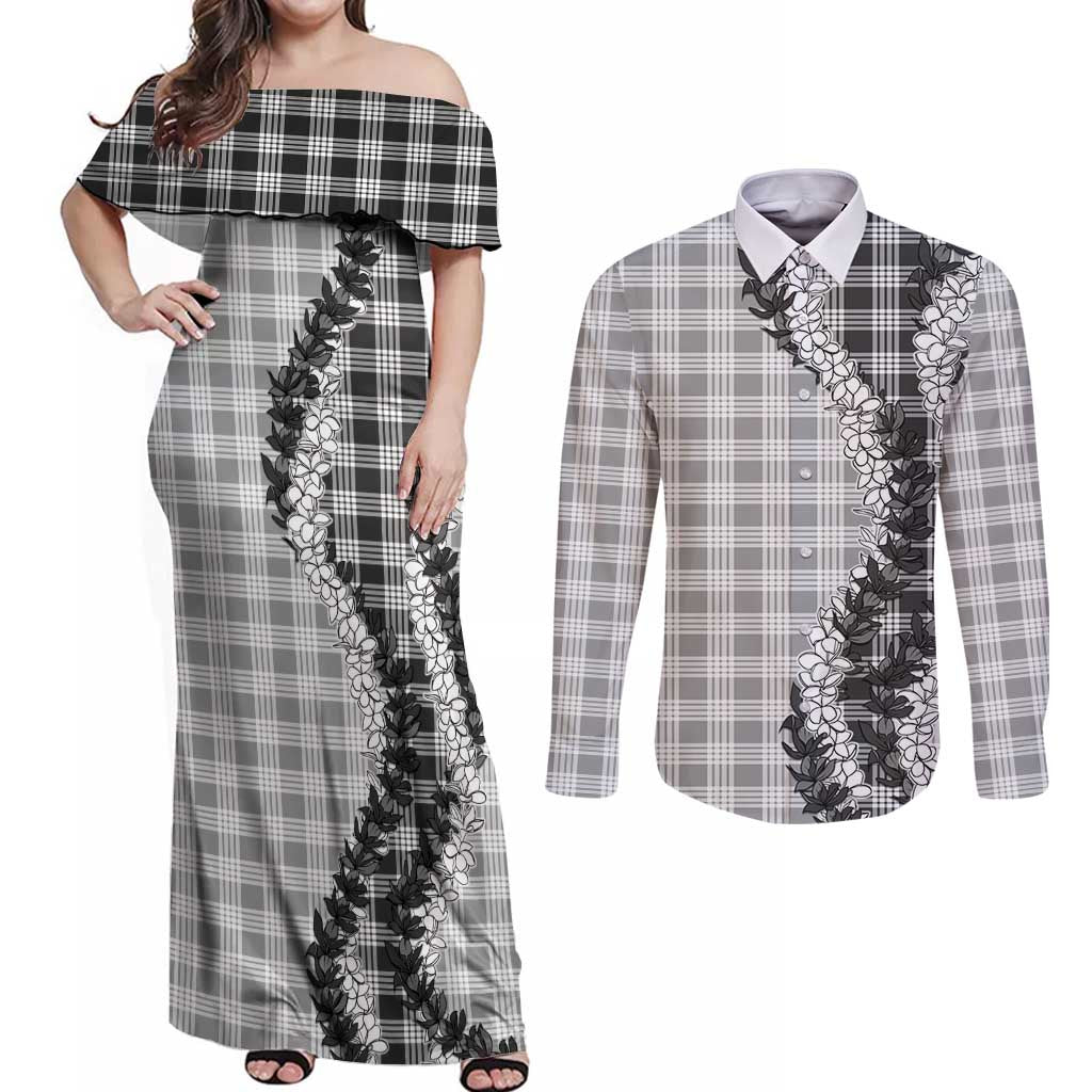 Gray Hawaii Palaka Couples Matching Off Shoulder Maxi Dress and Long Sleeve Button Shirt Hawaiian Honohono Lei LT05 Gray - Polynesian Pride