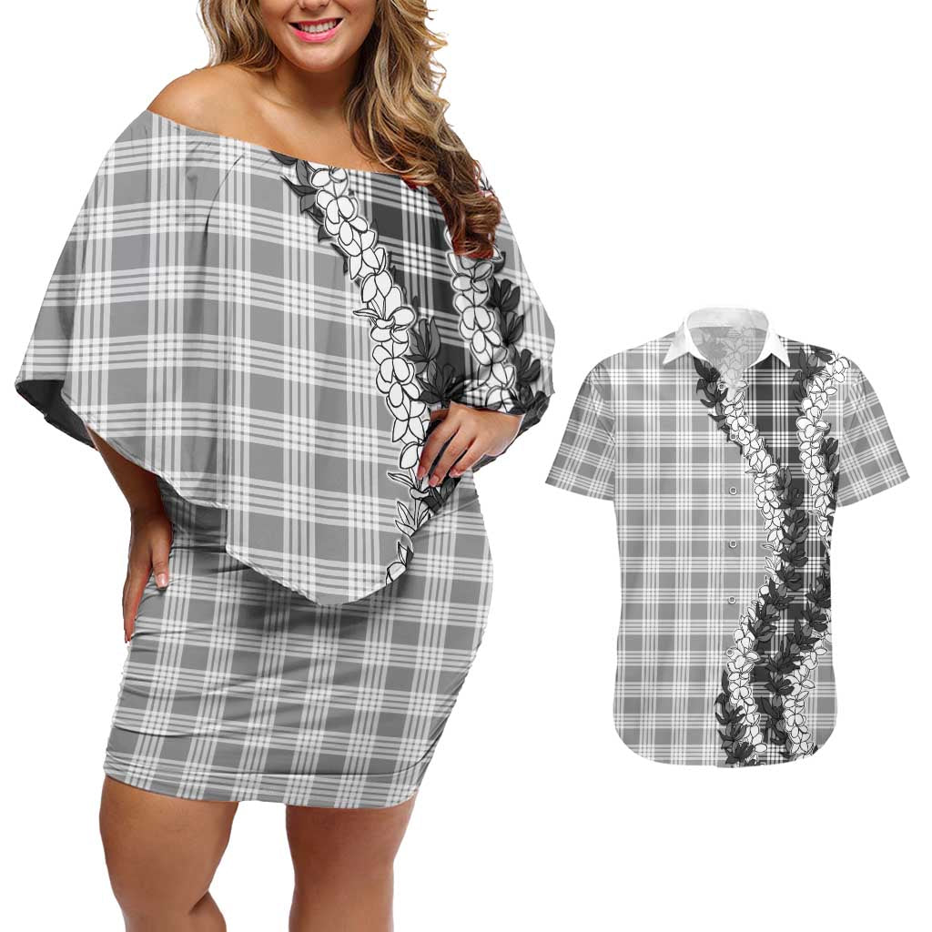 Gray Hawaii Palaka Couples Matching Off Shoulder Short Dress and Hawaiian Shirt Hawaiian Honohono Lei LT05 Gray - Polynesian Pride