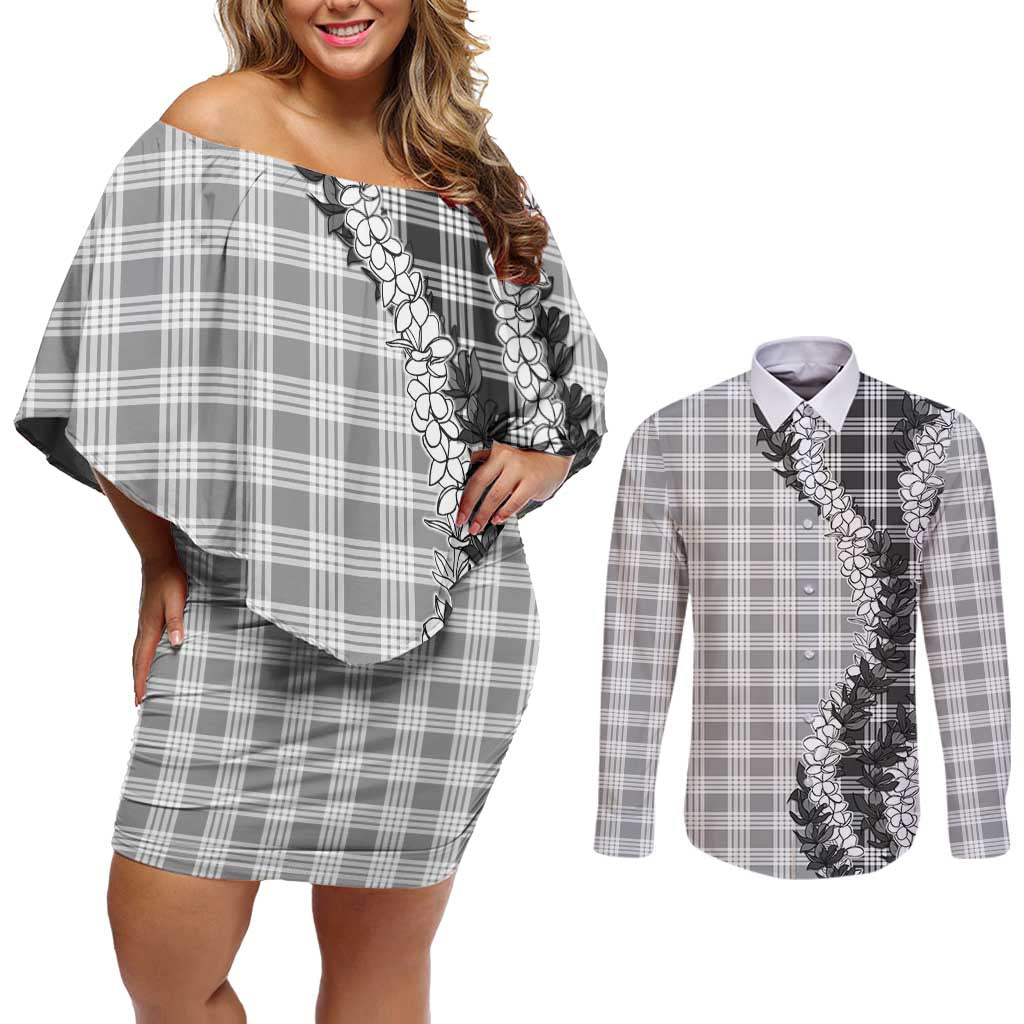 Gray Hawaii Palaka Couples Matching Off Shoulder Short Dress and Long Sleeve Button Shirt Hawaiian Honohono Lei LT05 Gray - Polynesian Pride
