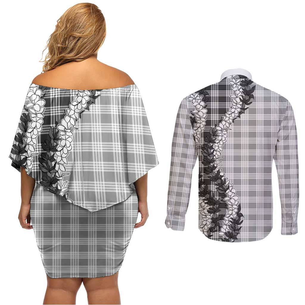 Gray Hawaii Palaka Couples Matching Off Shoulder Short Dress and Long Sleeve Button Shirt Hawaiian Honohono Lei LT05 - Polynesian Pride