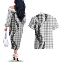 Gray Hawaii Palaka Couples Matching Off The Shoulder Long Sleeve Dress and Hawaiian Shirt Hawaiian Honohono Lei LT05 - Polynesian Pride