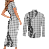 Gray Hawaii Palaka Couples Matching Short Sleeve Bodycon Dress and Long Sleeve Button Shirt Hawaiian Honohono Lei LT05 - Polynesian Pride
