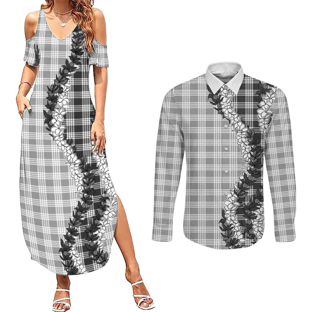Gray Hawaii Palaka Couples Matching Summer Maxi Dress and Long Sleeve Button Shirt Hawaiian Honohono Lei LT05 Gray - Polynesian Pride
