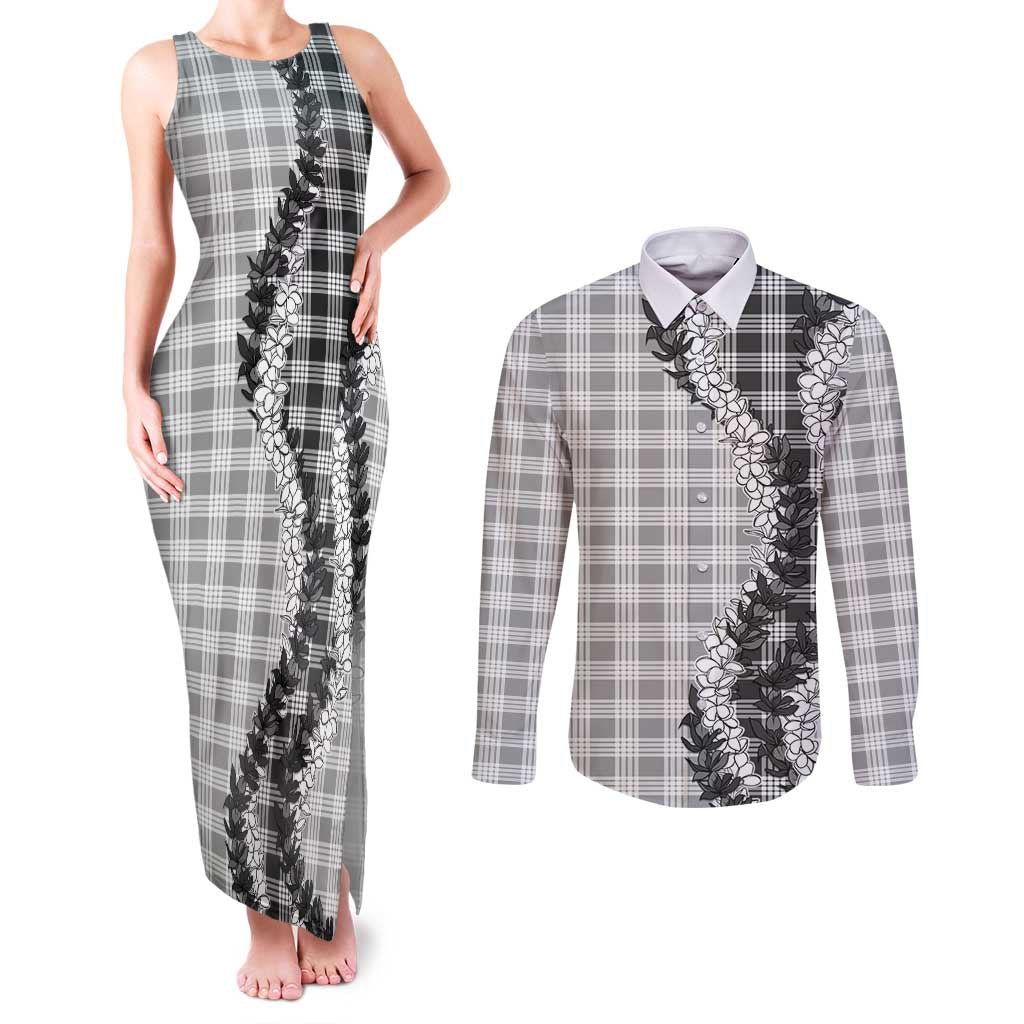 Gray Hawaii Palaka Couples Matching Tank Maxi Dress and Long Sleeve Button Shirt Hawaiian Honohono Lei LT05 Gray - Polynesian Pride