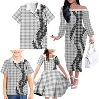 Gray Hawaii Palaka Family Matching Off The Shoulder Long Sleeve Dress and Hawaiian Shirt Hawaiian Honohono Lei LT05 - Polynesian Pride