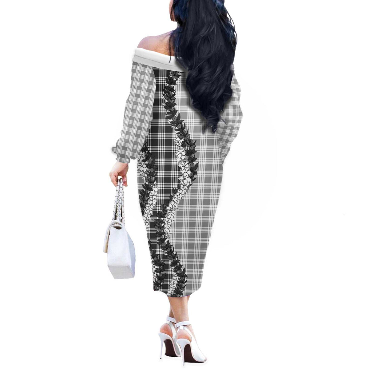 Gray Hawaii Palaka Off The Shoulder Long Sleeve Dress Hawaiian Honohono Lei LT05 - Polynesian Pride