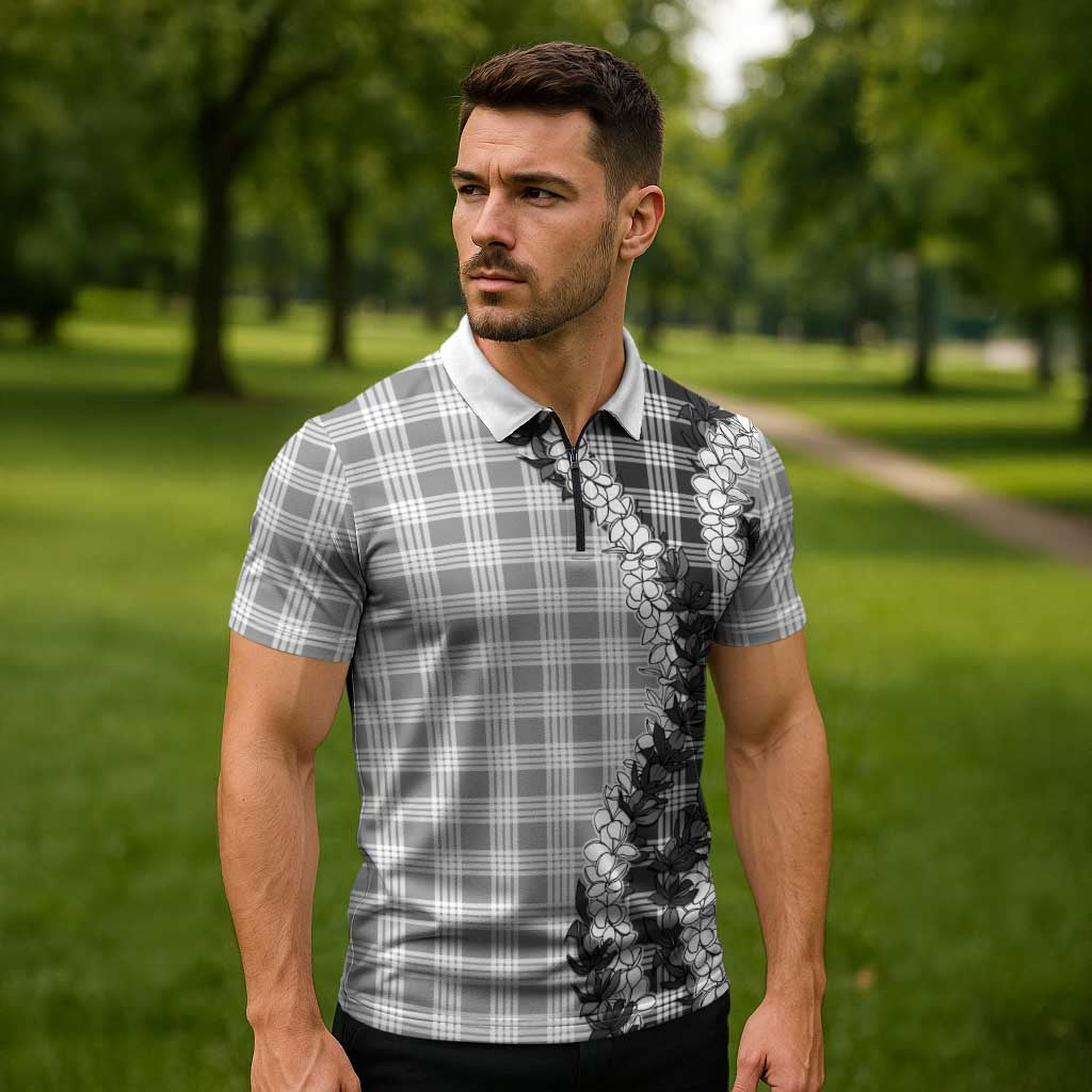 Gray Hawaii Palaka Zipper Polo Shirt Hawaiian Honohono Lei