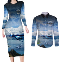 New Zealand Wanaka Air Show Couples Matching Long Sleeve Bodycon Dress and Long Sleeve Button Shirt With Maori Pattern LT05 Blue - Polynesian Pride