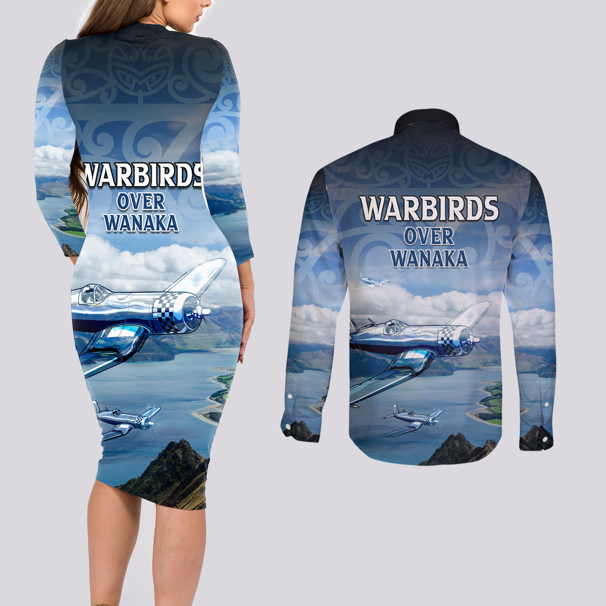 New Zealand Wanaka Air Show Couples Matching Long Sleeve Bodycon Dress and Long Sleeve Button Shirt With Maori Pattern LT05 - Polynesian Pride