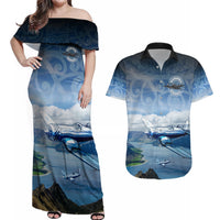 New Zealand Wanaka Air Show Couples Matching Off Shoulder Maxi Dress and Hawaiian Shirt With Maori Pattern LT05 Blue - Polynesian Pride