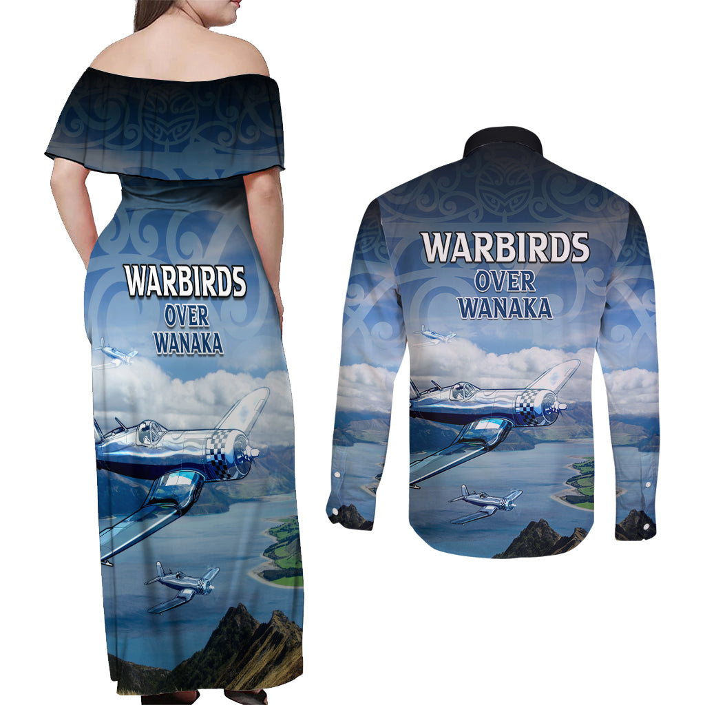 New Zealand Wanaka Air Show Couples Matching Off Shoulder Maxi Dress and Long Sleeve Button Shirt With Maori Pattern