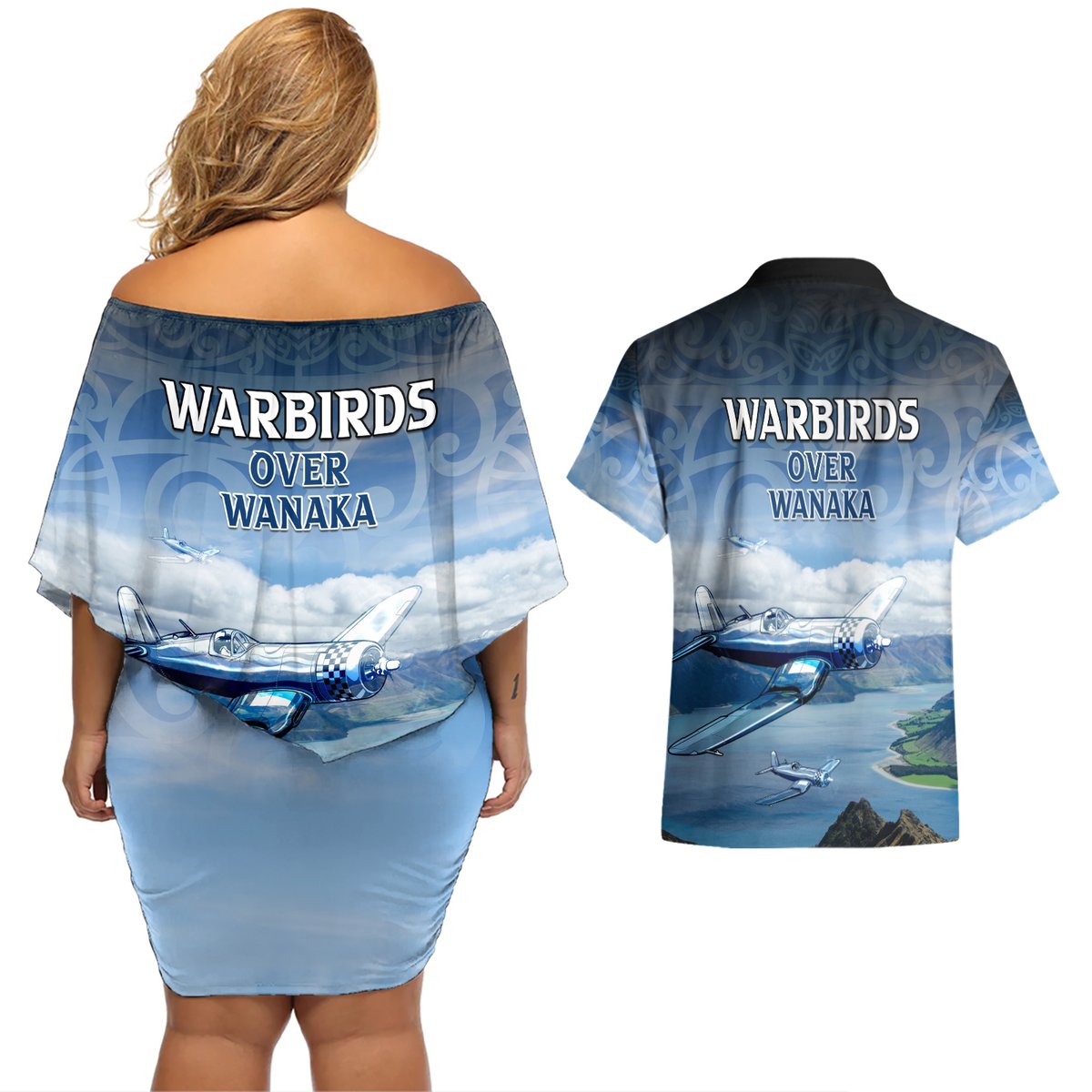 New Zealand Wanaka Air Show Couples Matching Off Shoulder Short Dress and Hawaiian Shirt With Maori Pattern LT05 - Polynesian Pride