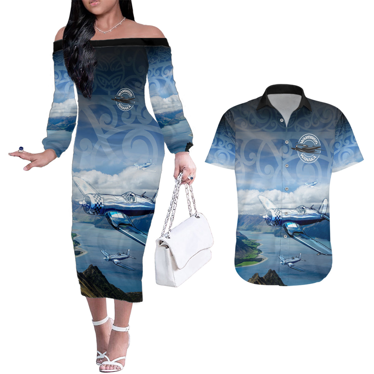 New Zealand Wanaka Air Show Couples Matching Off The Shoulder Long Sleeve Dress and Hawaiian Shirt With Maori Pattern LT05 Blue - Polynesian Pride