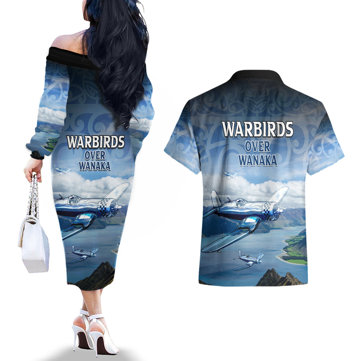 New Zealand Wanaka Air Show Couples Matching Off The Shoulder Long Sleeve Dress and Hawaiian Shirt With Maori Pattern LT05 - Polynesian Pride