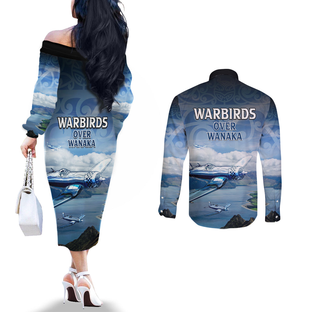 New Zealand Wanaka Air Show Couples Matching Off The Shoulder Long Sleeve Dress and Long Sleeve Button Shirt With Maori Pattern LT05 - Polynesian Pride