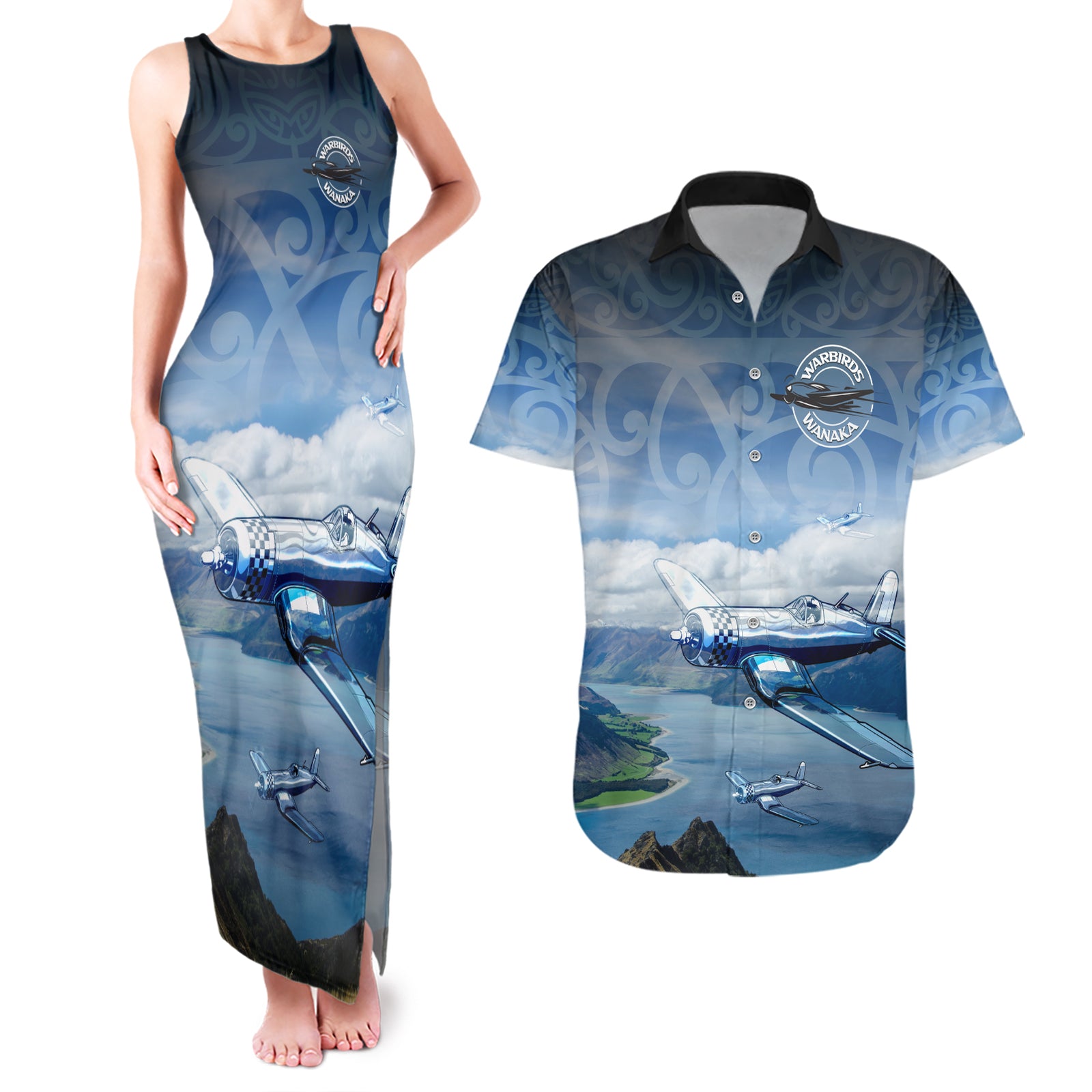 New Zealand Wanaka Air Show Couples Matching Tank Maxi Dress and Hawaiian Shirt With Maori Pattern