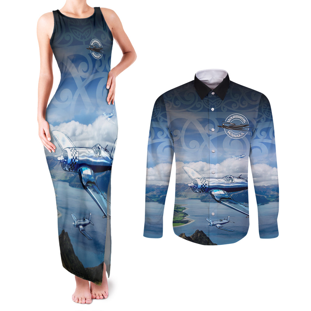 New Zealand Wanaka Air Show Couples Matching Tank Maxi Dress and Long Sleeve Button Shirt With Maori Pattern LT05 Blue - Polynesian Pride