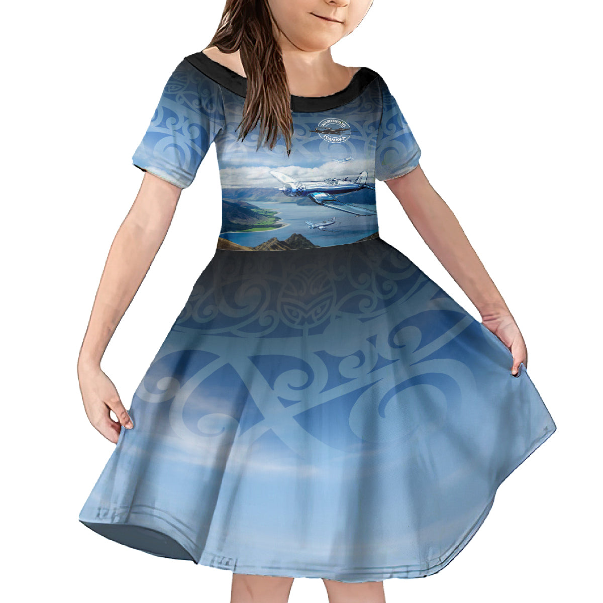 New Zealand Wanaka Air Show Family Matching Off The Shoulder Long Sleeve Dress and Hawaiian Shirt With Maori Pattern LT05 Daughter's Dress Blue - Polynesian Pride
