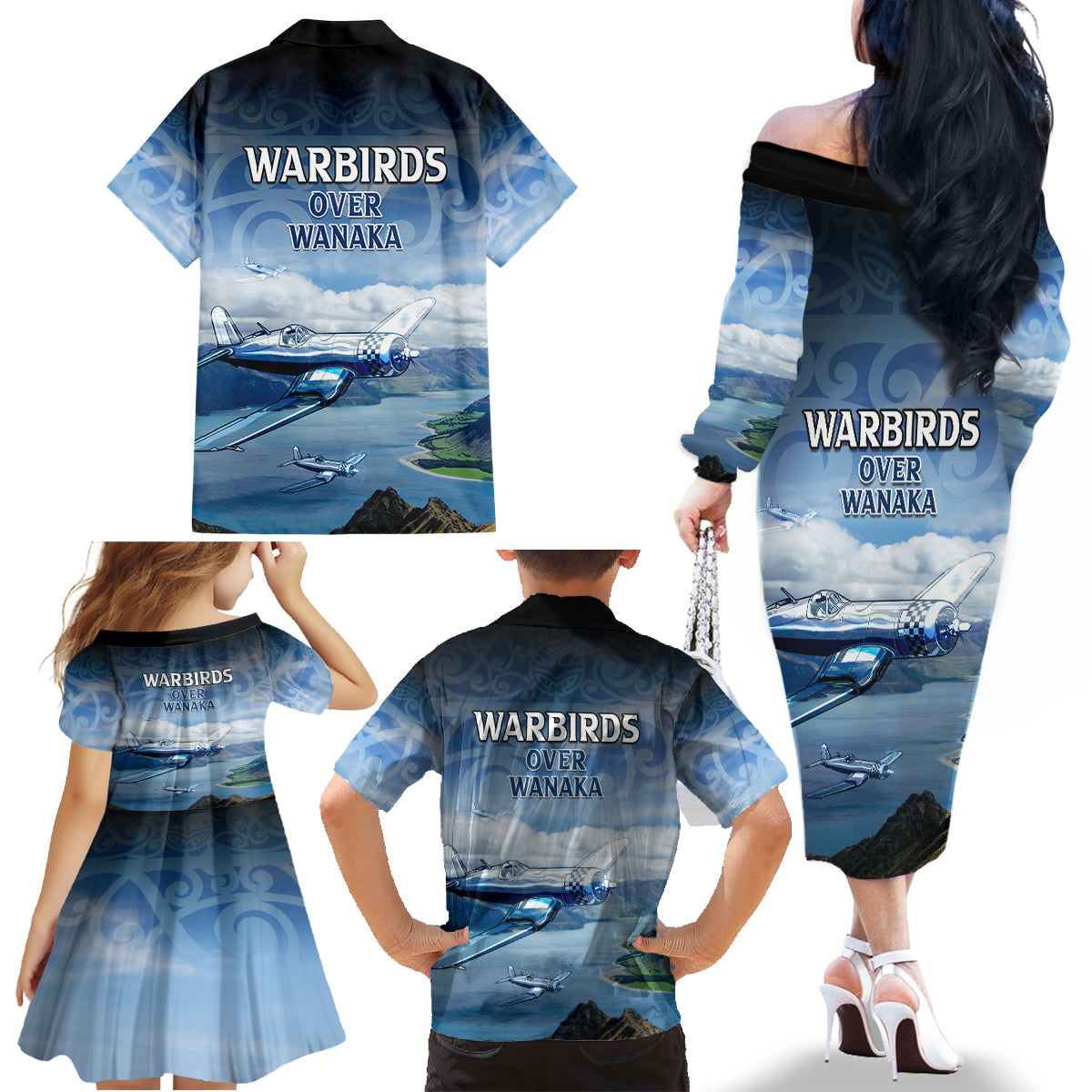 New Zealand Wanaka Air Show Family Matching Off The Shoulder Long Sleeve Dress and Hawaiian Shirt With Maori Pattern LT05 - Polynesian Pride