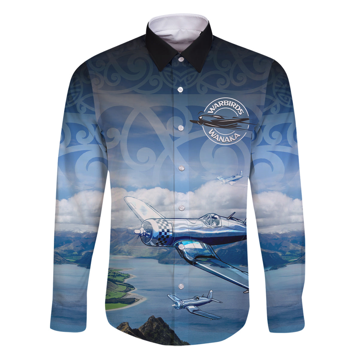 New Zealand Wanaka Air Show Family Matching Off Shoulder Maxi Dress and Hawaiian Shirt With Maori Pattern LT05 Dad's Shirt - Long Sleeve Blue - Polynesian Pride