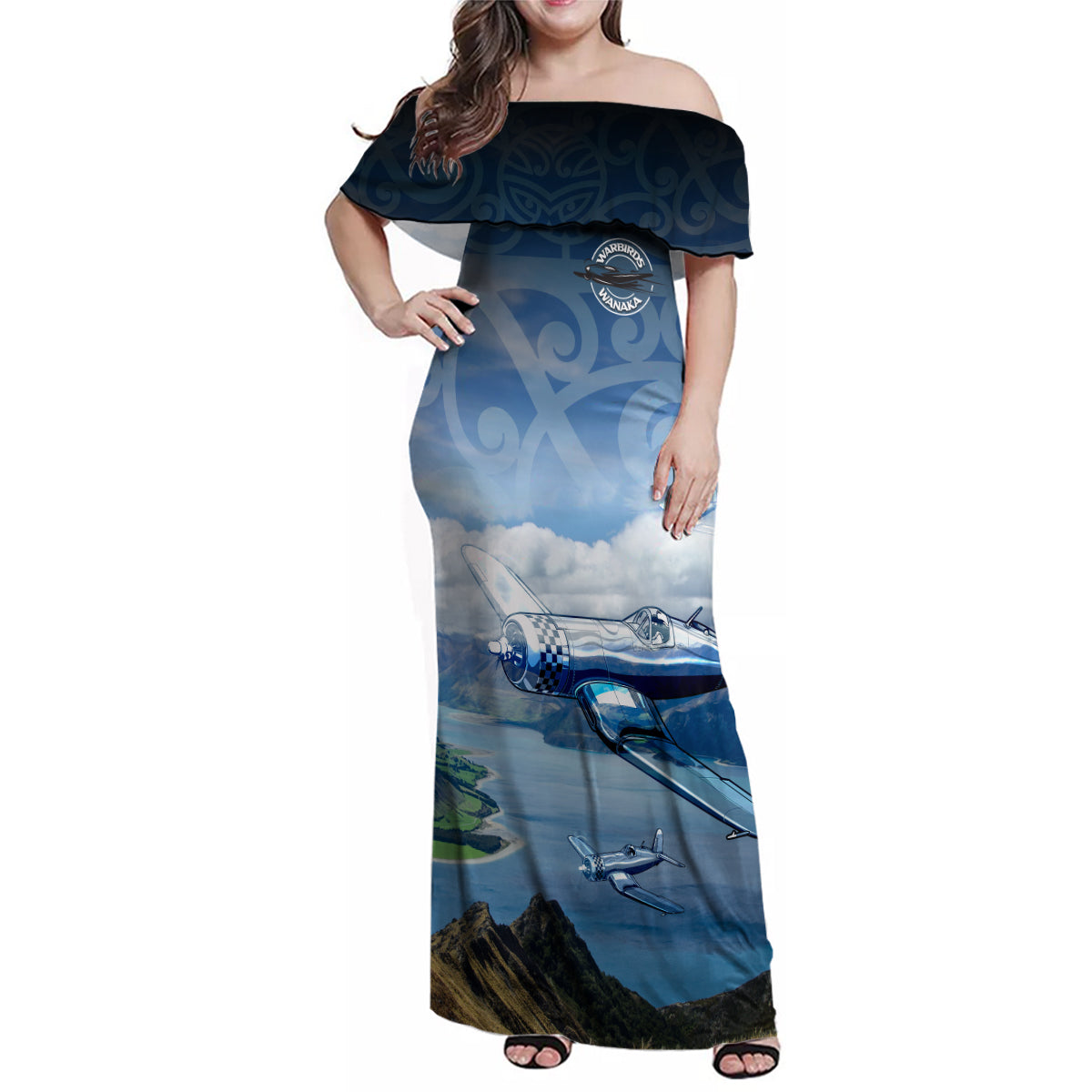 New Zealand Wanaka Air Show Family Matching Off Shoulder Maxi Dress and Hawaiian Shirt With Maori Pattern LT05 Mom's Dress Blue - Polynesian Pride