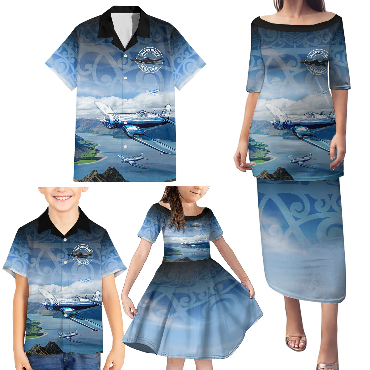 New Zealand Wanaka Air Show Family Matching Puletasi and Hawaiian Shirt With Maori Pattern LT05 - Polynesian Pride