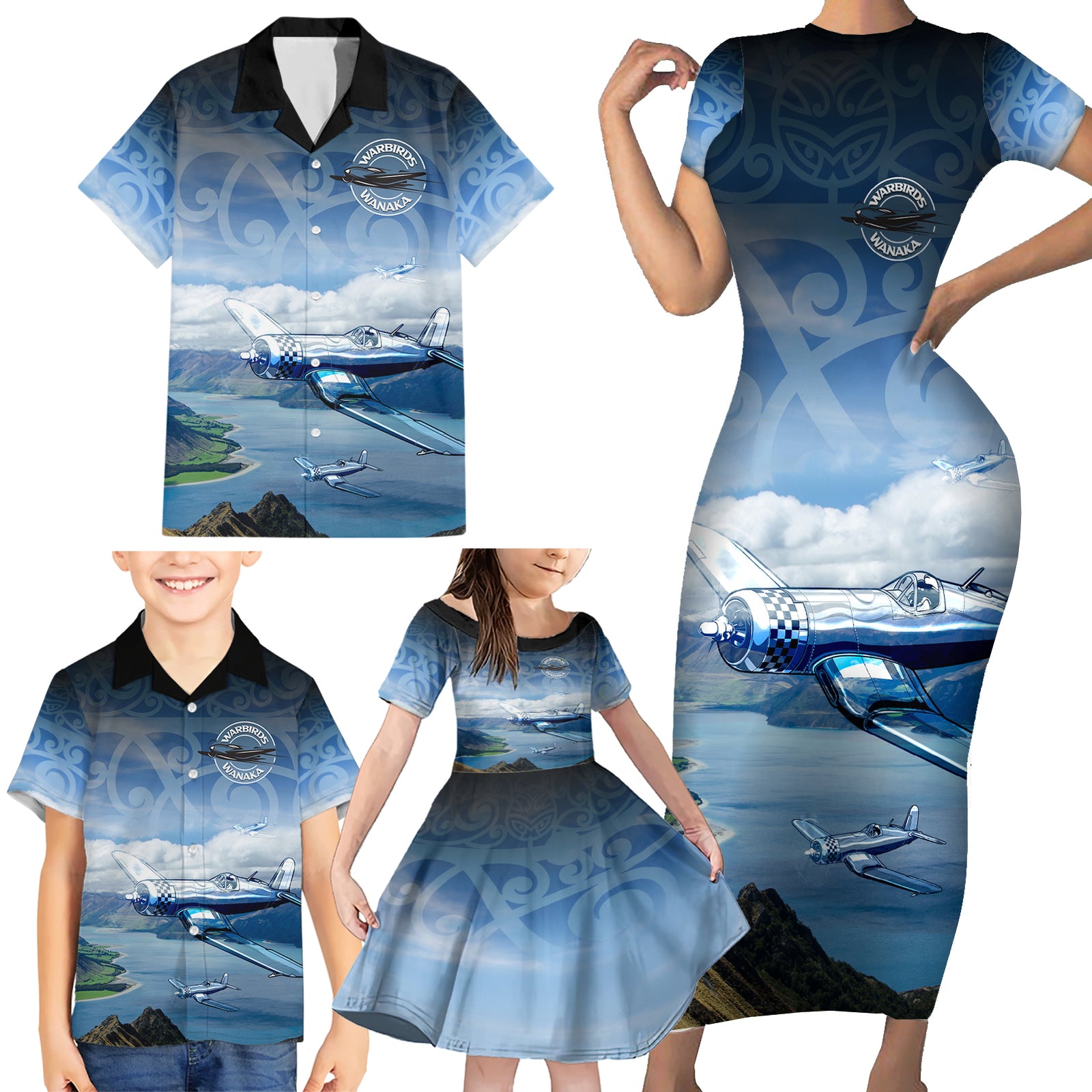 New Zealand Wanaka Air Show Family Matching Short Sleeve Bodycon Dress and Hawaiian Shirt With Maori Pattern LT05 - Polynesian Pride