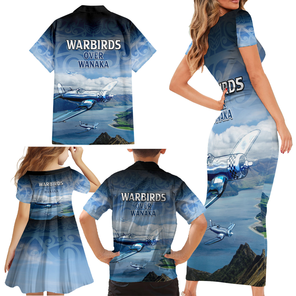 New Zealand Wanaka Air Show Family Matching Short Sleeve Bodycon Dress and Hawaiian Shirt With Maori Pattern LT05 - Polynesian Pride