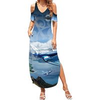 New Zealand Wanaka Air Show Family Matching Summer Maxi Dress and Hawaiian Shirt With Maori Pattern LT05 Mom's Dress Blue - Polynesian Pride