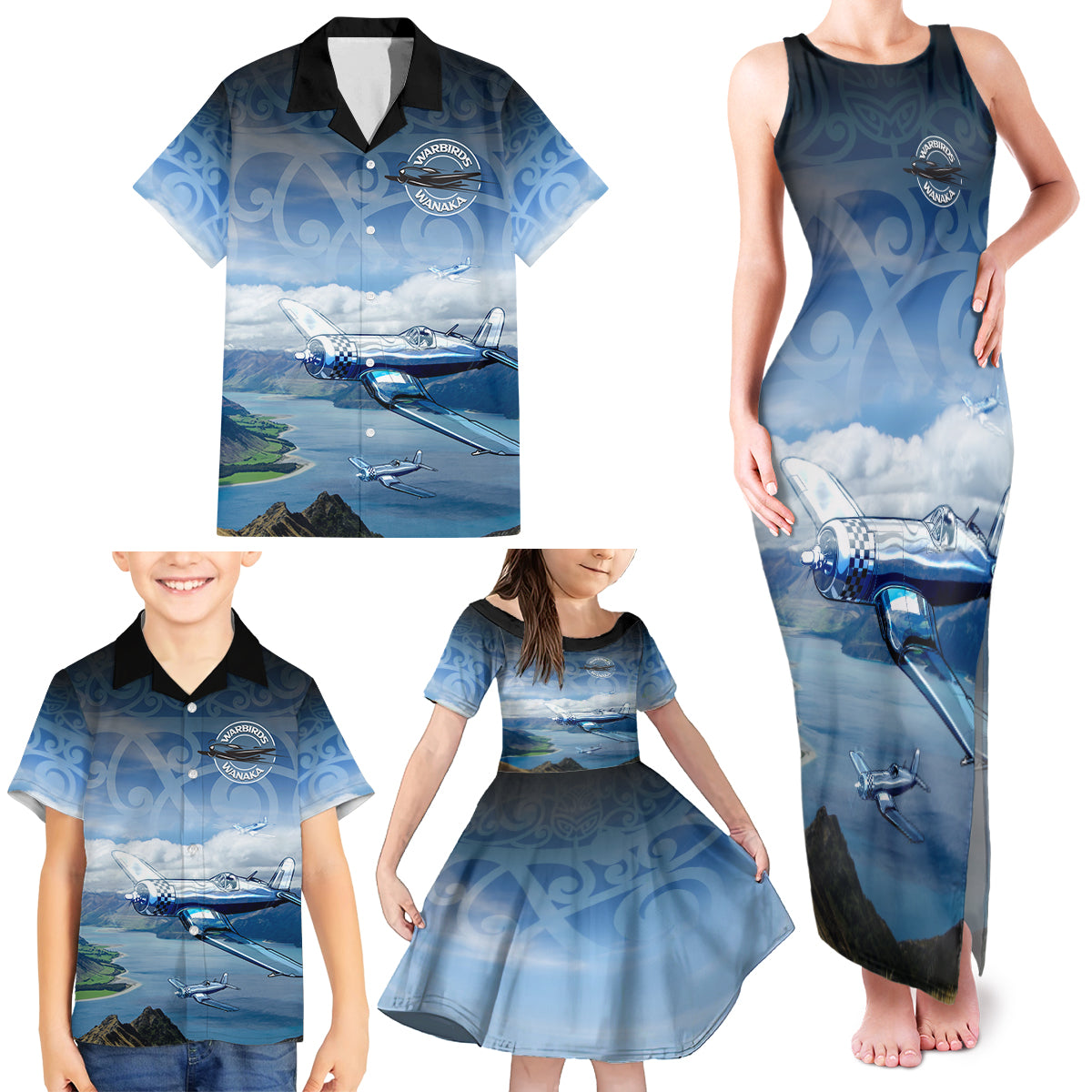 New Zealand Wanaka Air Show Family Matching Tank Maxi Dress and Hawaiian Shirt With Maori Pattern LT05 - Polynesian Pride