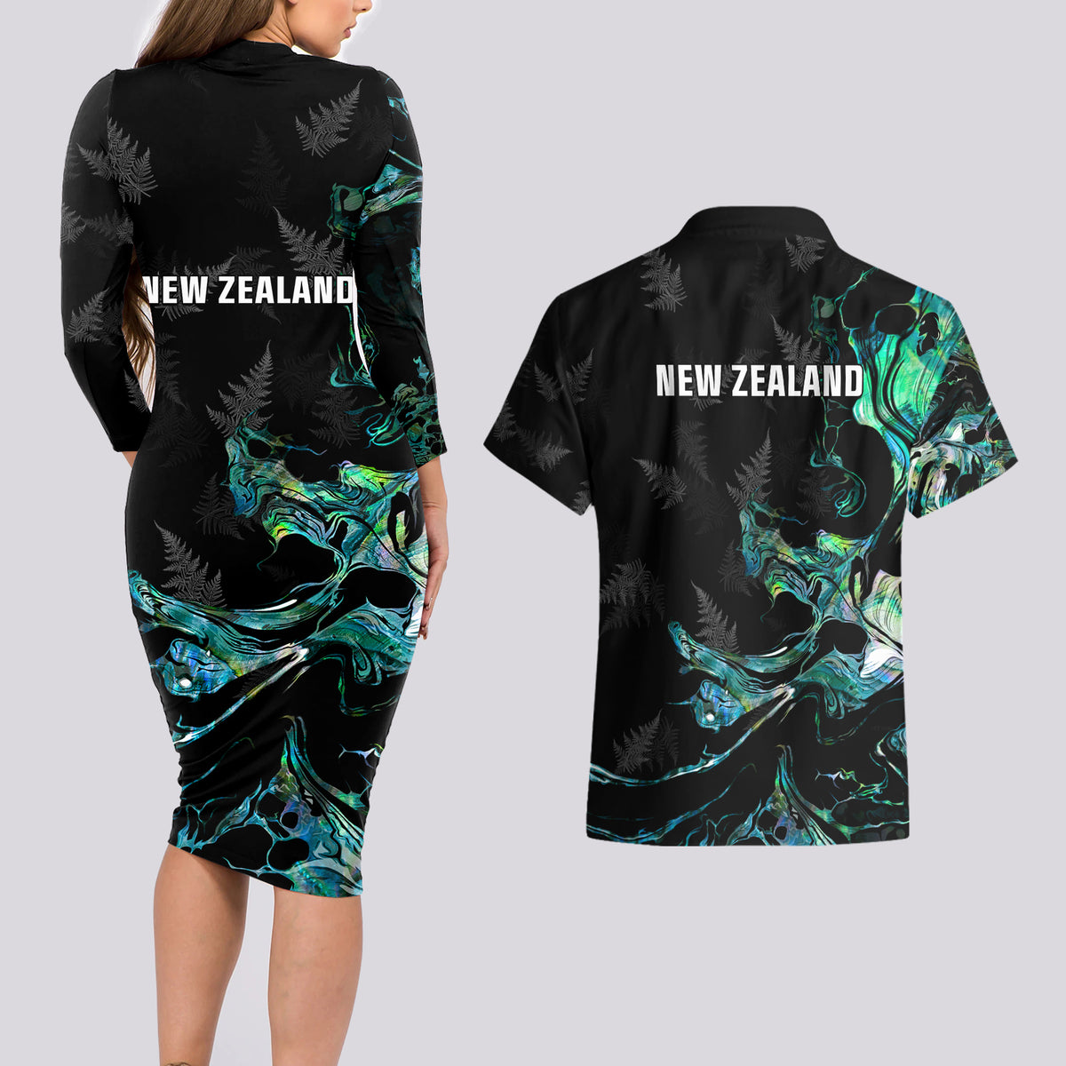 New Zealand Marathon Couples Matching Long Sleeve Bodycon Dress and Hawaiian Shirt Silver Fern Paua Shell Simple Style LT05 - Polynesian Pride