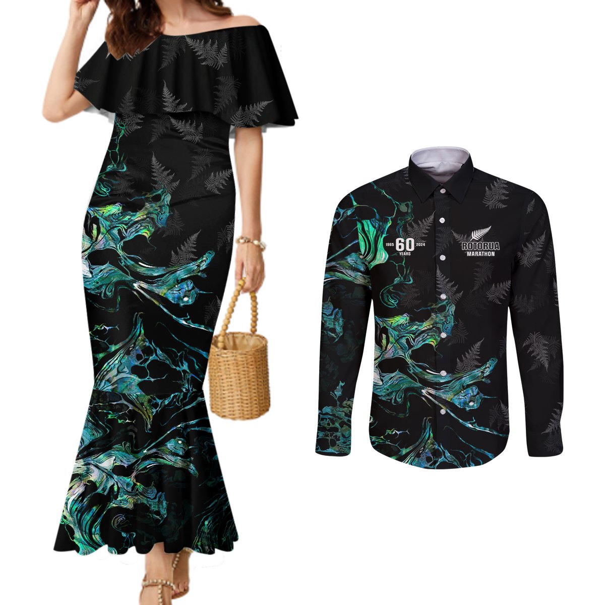 New Zealand Marathon Couples Matching Mermaid Dress and Long Sleeve Button Shirt Silver Fern Paua Shell Simple Style LT05 Black - Polynesian Pride