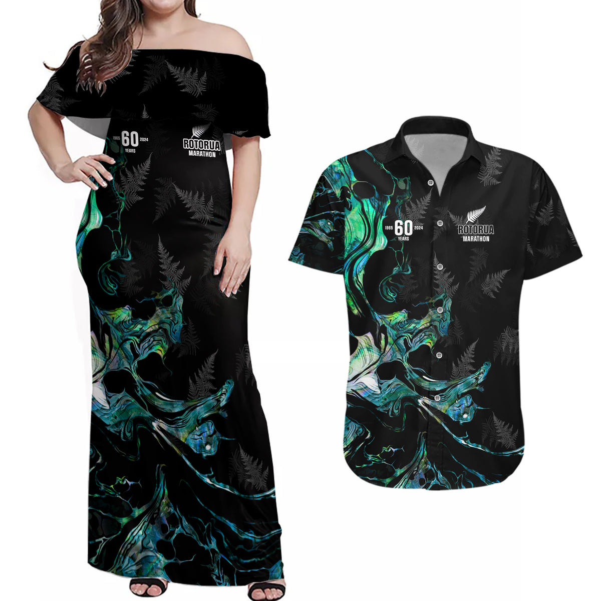 New Zealand Marathon Couples Matching Off Shoulder Maxi Dress and Hawaiian Shirt Silver Fern Paua Shell Simple Style LT05 Black - Polynesian Pride