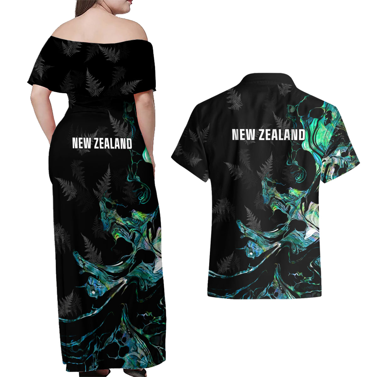 New Zealand Marathon Couples Matching Off Shoulder Maxi Dress and Hawaiian Shirt Silver Fern Paua Shell Simple Style LT05 - Polynesian Pride