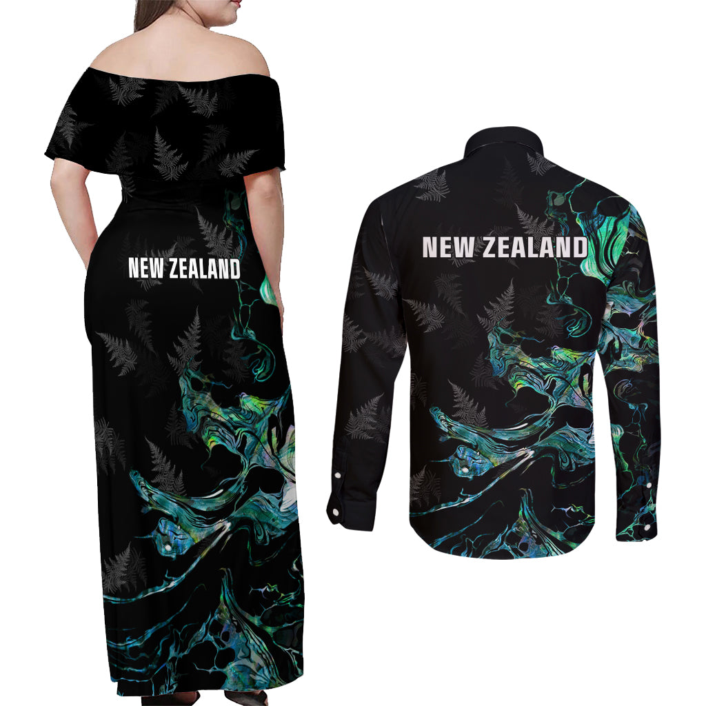 New Zealand Marathon Couples Matching Off Shoulder Maxi Dress and Long Sleeve Button Shirt Silver Fern Paua Shell Simple Style LT05 - Polynesian Pride