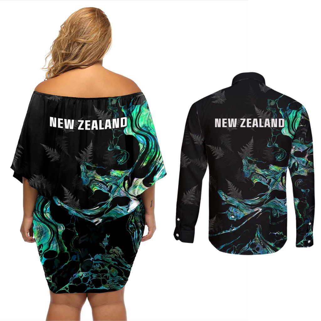 New Zealand Marathon Couples Matching Off Shoulder Short Dress and Long Sleeve Button Shirt Silver Fern Paua Shell Simple Style LT05 - Polynesian Pride