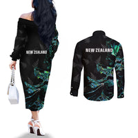 New Zealand Marathon Couples Matching Off The Shoulder Long Sleeve Dress and Long Sleeve Button Shirt Silver Fern Paua Shell Simple Style LT05 - Polynesian Pride