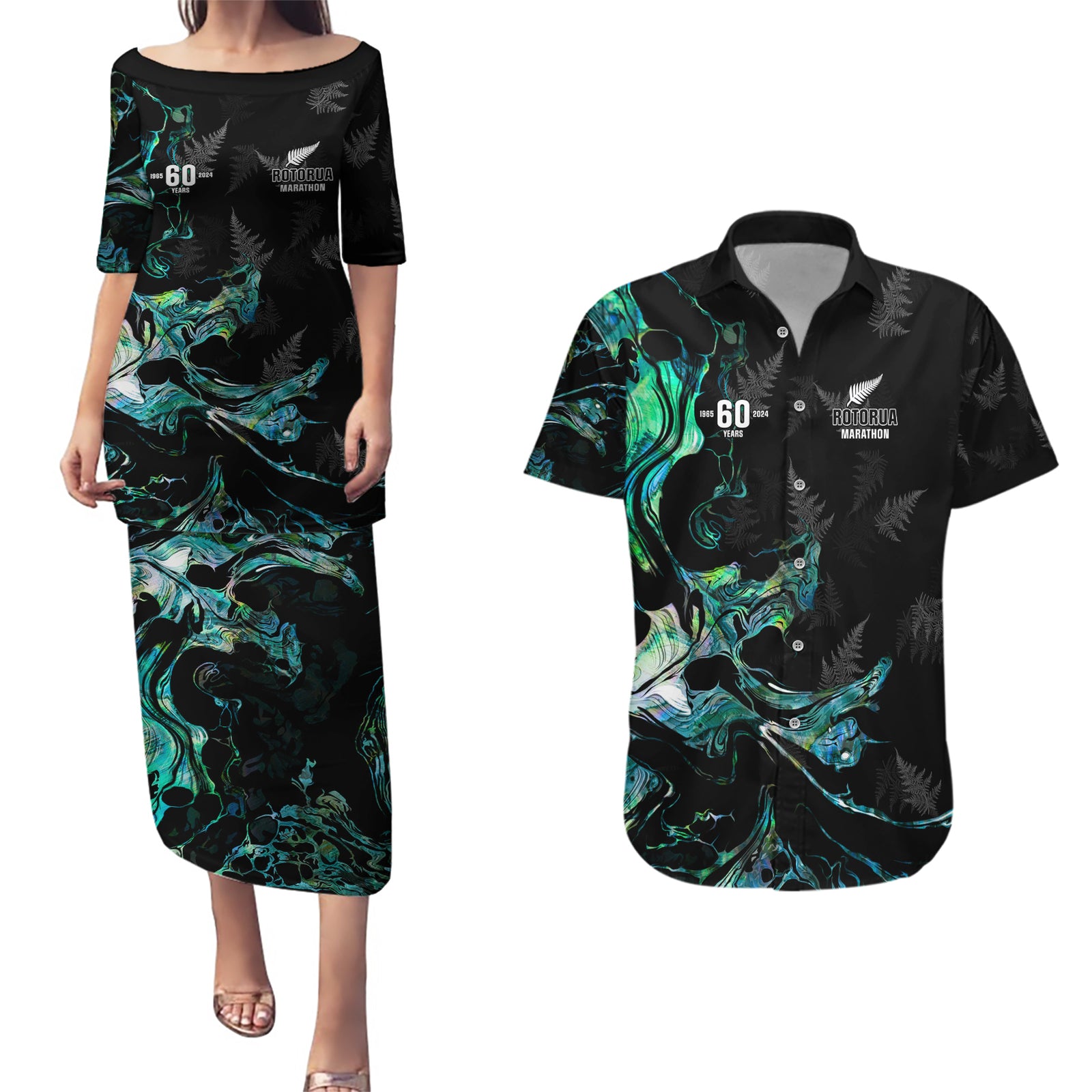 New Zealand Marathon Couples Matching Puletasi and Hawaiian Shirt Silver Fern Paua Shell Simple Style