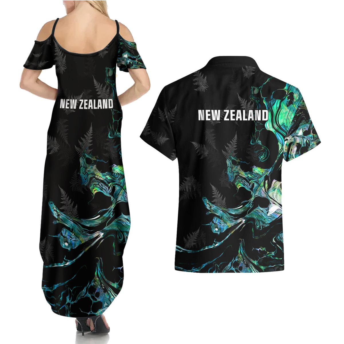 New Zealand Marathon Couples Matching Summer Maxi Dress and Hawaiian Shirt Silver Fern Paua Shell Simple Style LT05 - Polynesian Pride