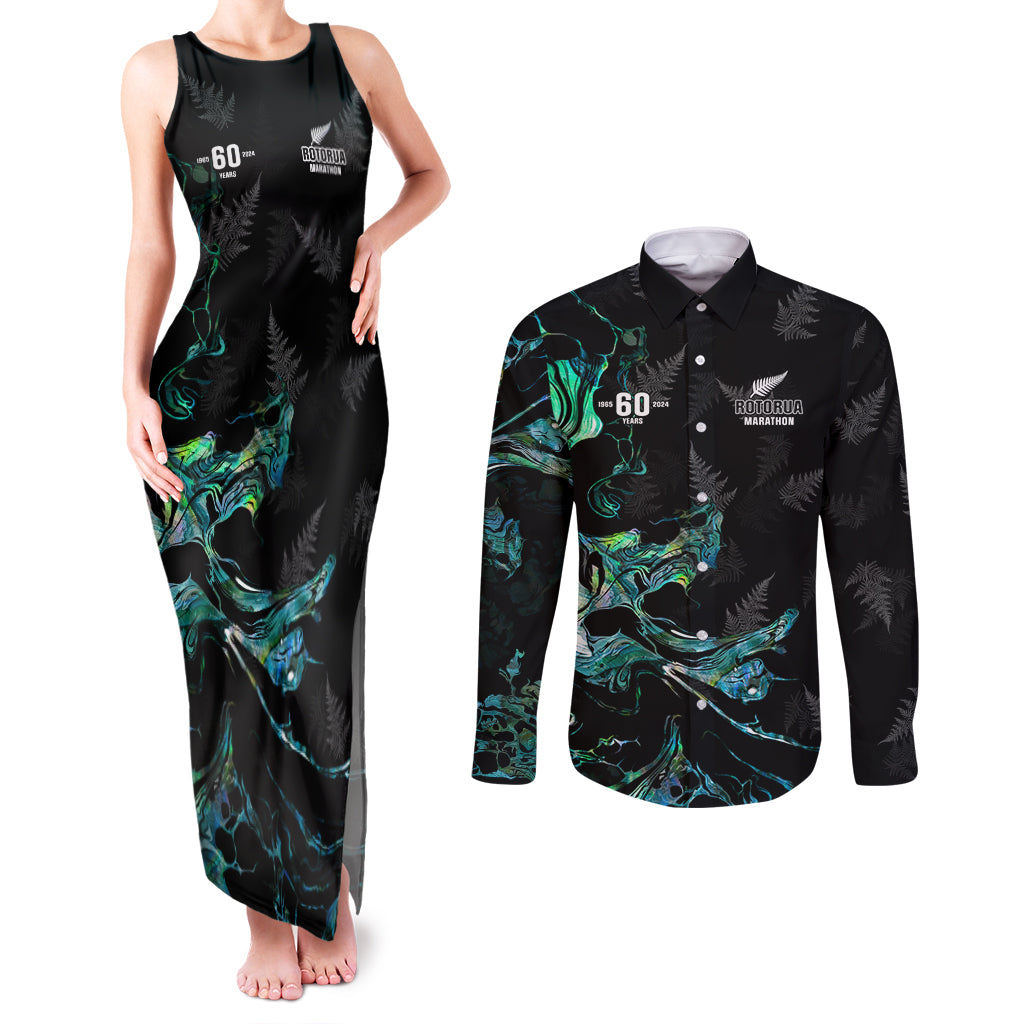 New Zealand Marathon Couples Matching Tank Maxi Dress and Long Sleeve Button Shirt Silver Fern Paua Shell Simple Style LT05 Black - Polynesian Pride
